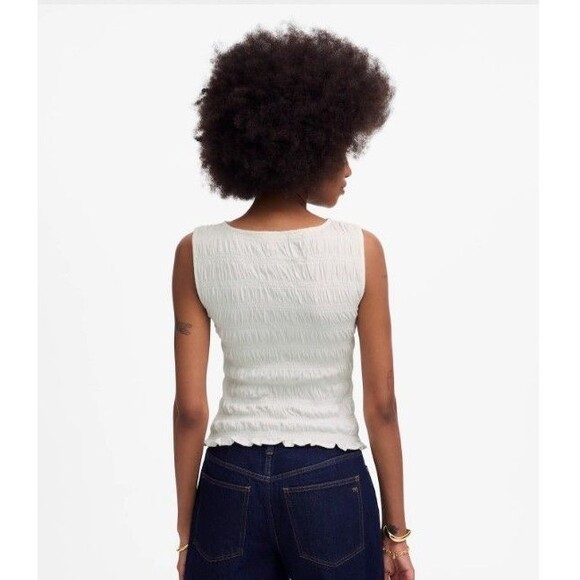 Madewell Smocked Boatneck Tank Top Women White Cotton-Linen Blend Size Med - Picture 2 of 11